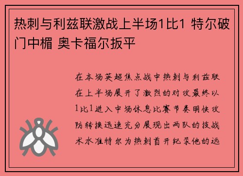 热刺与利兹联激战上半场1比1 特尔破门中楣 奥卡福尔扳平 热刺与利兹联激战上半场1比1 特尔破门中楣 奥卡福尔扳平